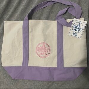 Trader Joe's Large Canvas Tote Bag in Cream & Purple